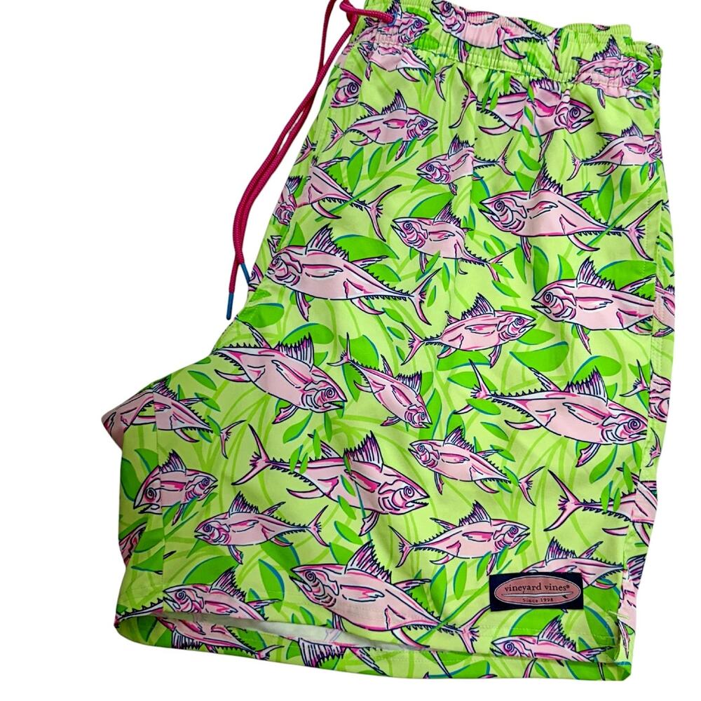 Vineyard Vines Men's Swim Board Shorts 2XB Pockets Green Pink Fish No Lining
